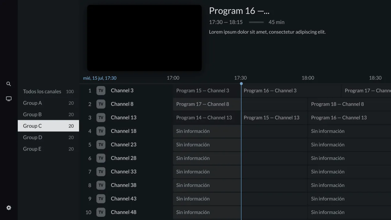 Channel groups in the sidebar, with the guide for the selected group beside them