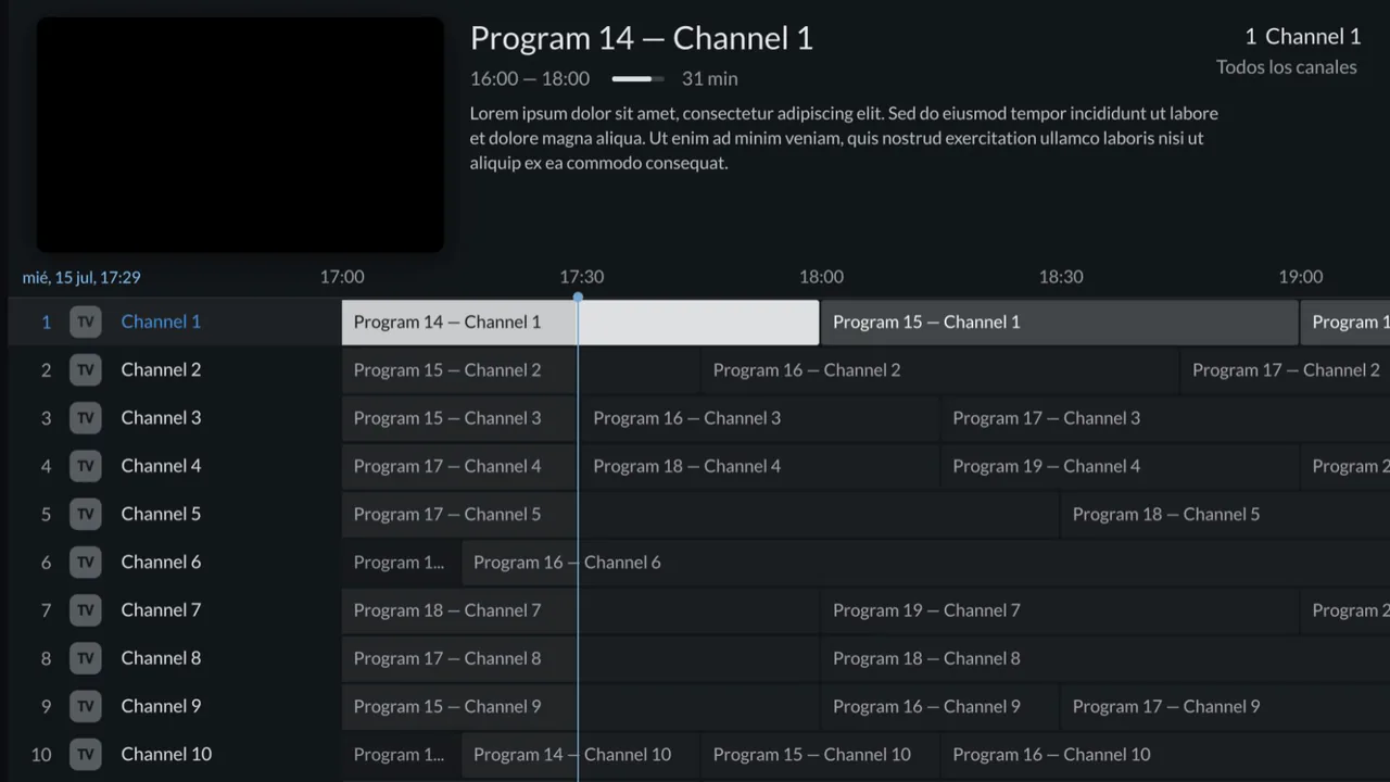 The programme guide, with a live preview and full details for the highlighted programme