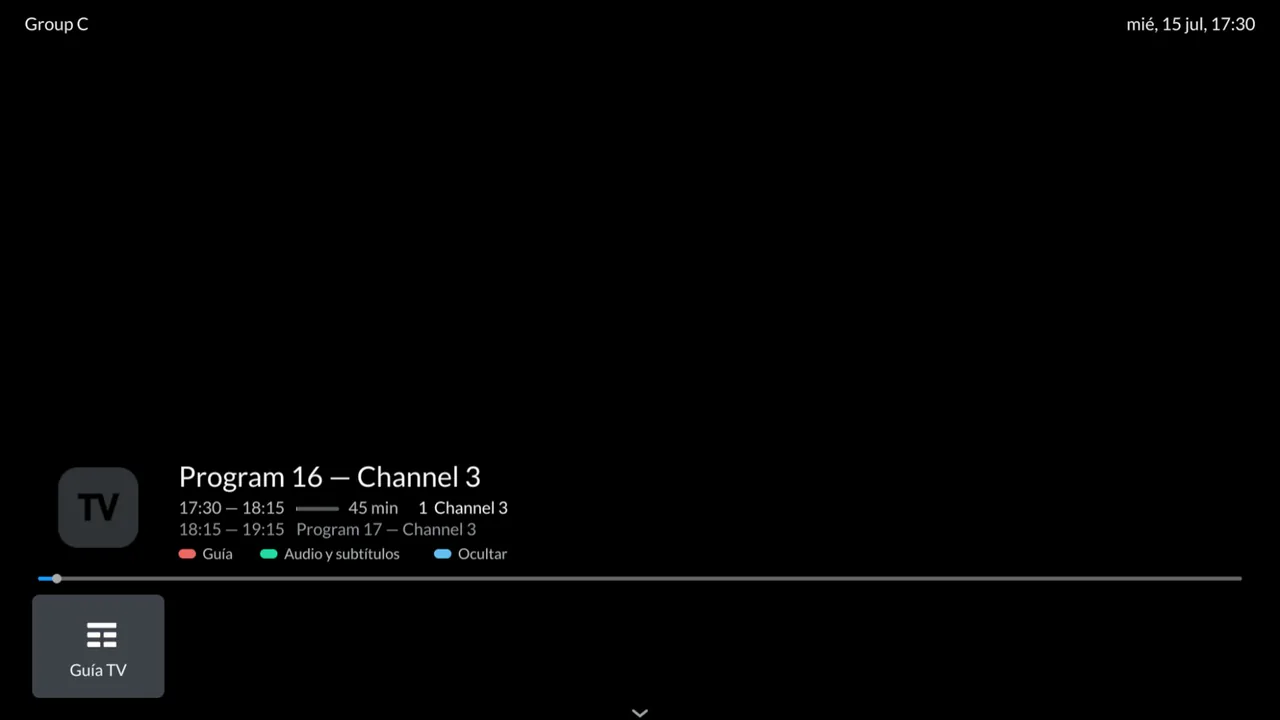 Full-screen playback with the channel and programme overlay on the remote's colour keys